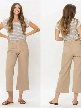 Judy Blue | Garment Dyed High Rise Wide Leg Crop Jeans - Tan/Khaki, Size 14W